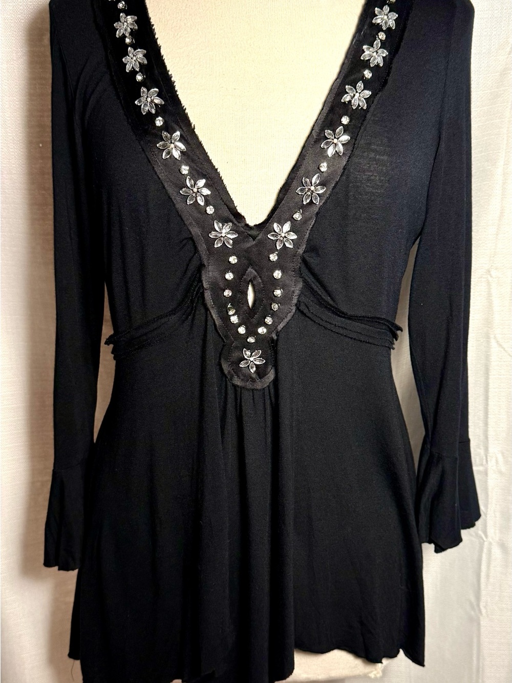 Poleci Black V-Neck Embellished Floral Tunic